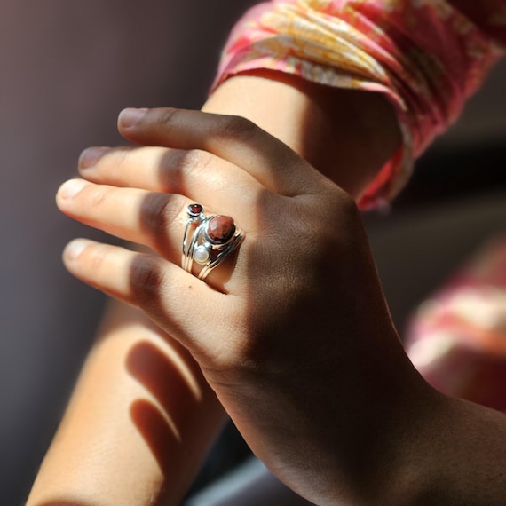 女性と男性のための結婚用シルバーリング * レッドジャスパー宝石925 