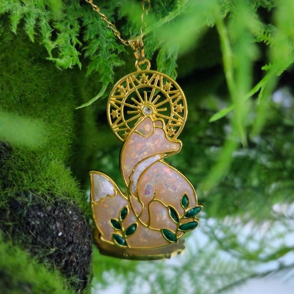 Midnight Sun Fox Necklace - Gold Kitsune Faux Opal Pendant