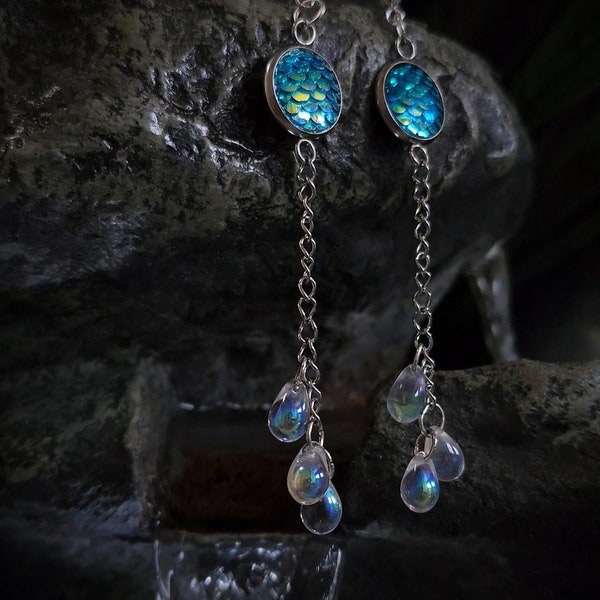 Royal Gift of the Sea Dragon King and Mermaid - Fantasy Scale Drop Earrings with Waterdrops / Raindrops / Droplets