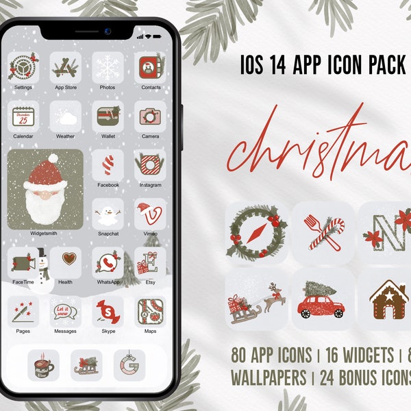 Christmas iOS App Icons Winter App Icons Iphone Christmas iOS14 Watercolor Christmas App iPhone Holiday Season Green Red Santa