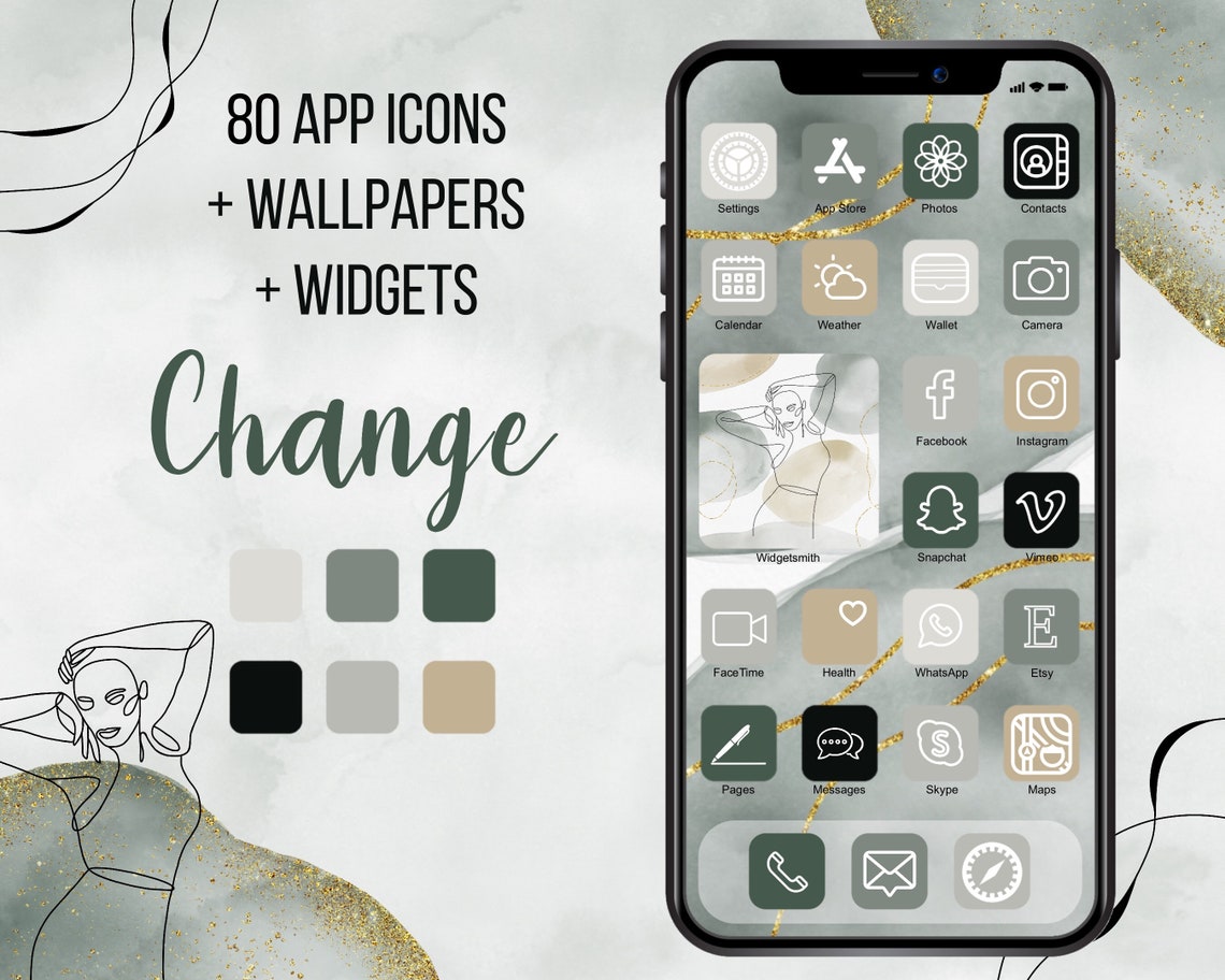 Green App Icons Lineart Aesthetic App Icons Dark App Etsy
