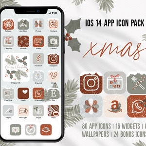 Ikony aplikacji na iOS-a na Boże Narodzenie Ikony aplikacji na zimę na iPhone'a na Boże Narodzenie na iOS14 Akwarela Aplikacja świąteczna na iPhone'a Okres świąteczny Zielony Czerwony Święty Mikołaj