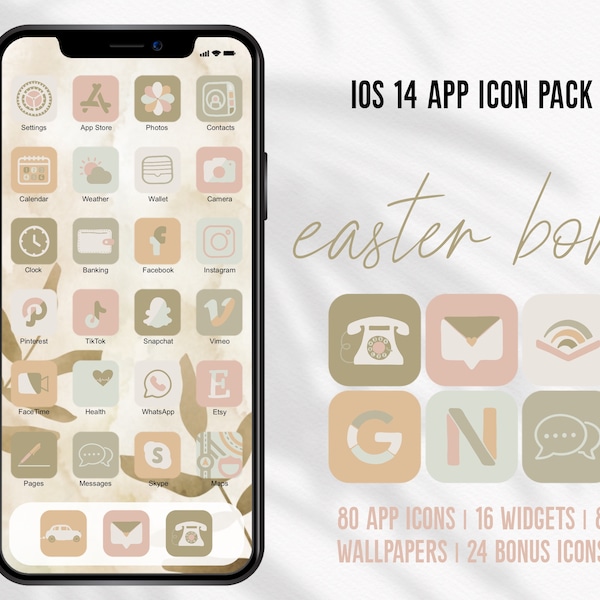 Easter Boho iOS Handdrawn App Icons Boho Theme Pack Aesthetic Pink Yellow iOS 14 Pastel Icons Hand Drawn Spring Style Covers Widgets