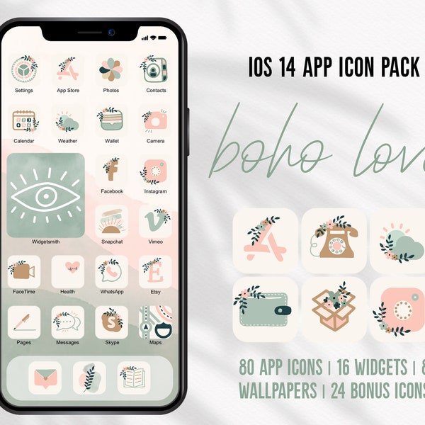 Boho iOS Handdrawn App Icons Boho Love Theme Pack Aesthetic Pink Blue iOS 14 Pastel Icons Hand Drawn Boho Style Covers Widgets Beige Decor