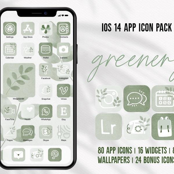 Greenery App Icons iOS Handdrawn App Icons Watercolor Plant Green Theme Pack Aesthetic iOS 14 Icons Hand Drawn Green Covers Widgets Decor