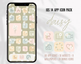 Daisy iOS14 Handdrawn App Icons Floral Theme Pack Aesthetic Green Pink iOS 14 Flower Icons Hand Drawn iPhone Covers Widgets Pastel iOS Decor