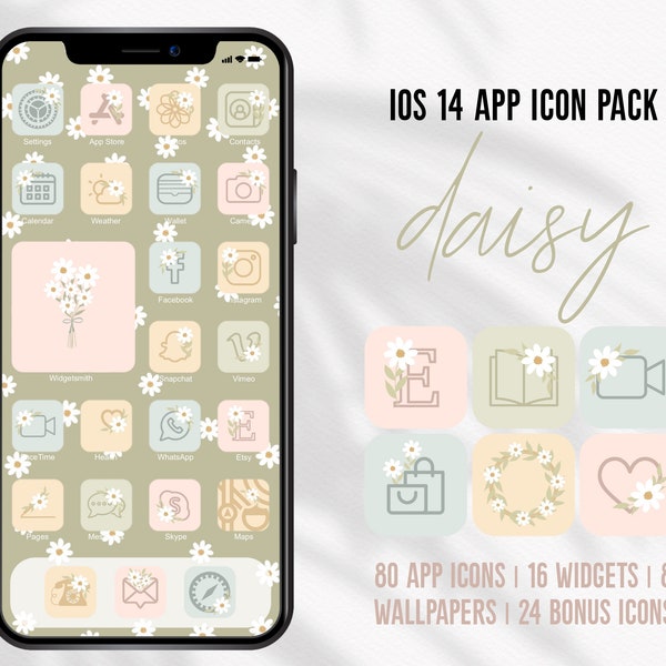 Daisy iOS14 Handdrawn App Icons Floral Theme Pack Aesthetic Green Pink iOS 14 Flower Icons Hand Drawn iPhone Covers Widgets Pastel iOS Decor