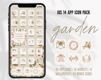 Garden iOS Handdrawn App Icons Floral Theme Pack Aesthetic Green Pink iOS 14 Flower Icons Hand Drawn Style Covers Widgets Beige Decor