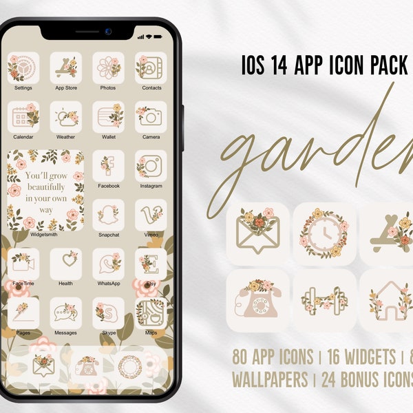 Garden iOS Handdrawn App Icons Floral Theme Pack Aesthetic Green Pink iOS 14 Flower Icons Hand Drawn Style Covers Widgets Beige Decor