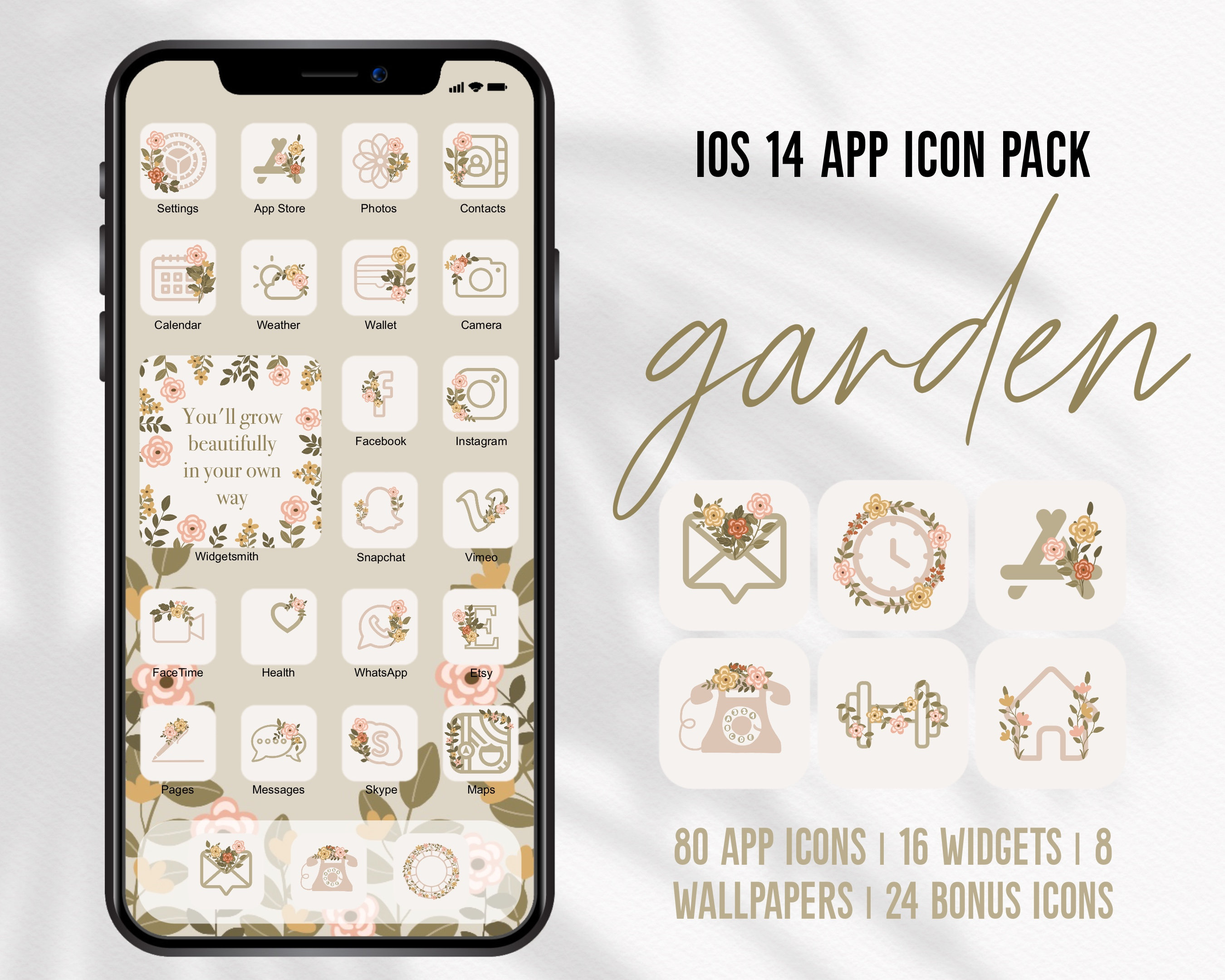 Garden iOS Handdrawn App Icons Floral Theme Pack Aesthetic Green Pink iOS 14 Flower Icons Hand Drawn Style Covers Widgets Beige Decor