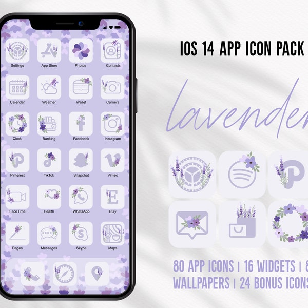 Lavender App Icons Aesthetic iOS App Elements Iphone Flowers App Icon Package Floral App Icons Purple Decorated