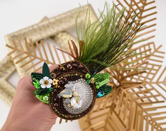 Embroidered "Coconut" Feather Brooch