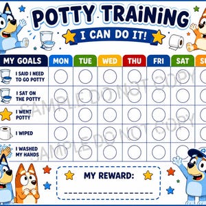 Op de afbeelding: Een zindelijkheidstraining beloningskaart met de personages Bluey en Bingo. De kaart bevat kolommen voor de dagen van de week en rijen voor doelen zoals aangeven dat je naar het toilet moet, op het potje zitten en je handen wassen.