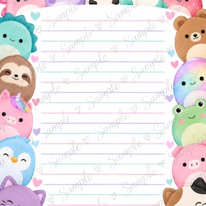 May include: A sheet of lined stationery featuring a border of various colorful cartoon animal characters including a pink axolotl, purple cow, spotted cow, penguin, strawberry, sloth, unicorn, frog, and cats, with the word Sample repeated.