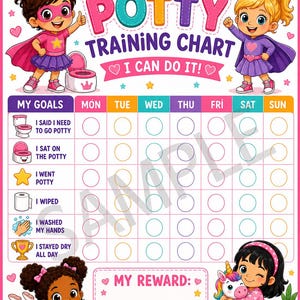 May include: A colorful potty training chart featuring the text POTTY TRAINING CHART I CAN DO IT. The grid includes columns for days of the week and rows for goals like I said I need to go potty, I sat on the potty, I went potty, I wiped, I washed my hands, and I stayed dry all day.