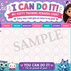 Puede incluir: Una tabla de recompensas para el entrenamiento de ir al baño de Gabby's Dollhouse con fondo morado, una cuadrícula semanal y personajes de dibujos animados. El texto dice I CAN DO IT! MY POTTY TRAINING REWARDS CHART, Every step I take gets me closer to my goal!, y YOU CAN DO IT! I'm so proud of you!