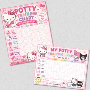 May include: Two pink potty training charts featuring Hello Kitty and friends. The charts include grids for days of the week, task icons like a toilet and soap, and text such as Potty Training Chart, I can do it, and You're a SUPERSTAR.