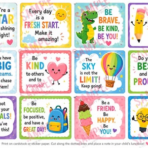 May include: A set of twelve square cards featuring colorful illustrations and motivational text. Designs include a star, sun, dinosaur, pencil, rocket, heart, hot air balloon, avocado, basketball, backpack, ice cream, and lightbulb with positive messages.