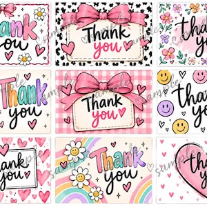 May include: A collection of nine rectangular thank you cards featuring diverse designs including pink bows, colorful rainbows, daisies, smiley faces, and hearts. Each card displays the text thank you in various fonts, colors, and decorative styles.
