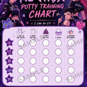 May include: A purple potty training chart featuring anime-style characters and the text HUNTRIX POTTY TRAINING CHART I CAN DO IT. The grid includes icons for I SAT ON THE POTTY, I WENT PEE PEE, I WENT POO POO, I WIPED, and I WASHED MY HANDS with blank circles.