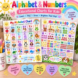 May include: Two educational wall charts for children featuring colorful illustrations. One chart displays the alphabet from A to Z with corresponding images and words, while the other shows numbers 1 to 20 with counting objects and text labels.