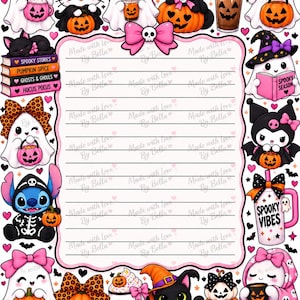 May include: A rectangular stationery sheet featuring a lined writing area with a pink bow at the top. The border is decorated with Halloween-themed illustrations including ghosts, black cats, pumpkins, and mugs with the text Spooky Vibes.