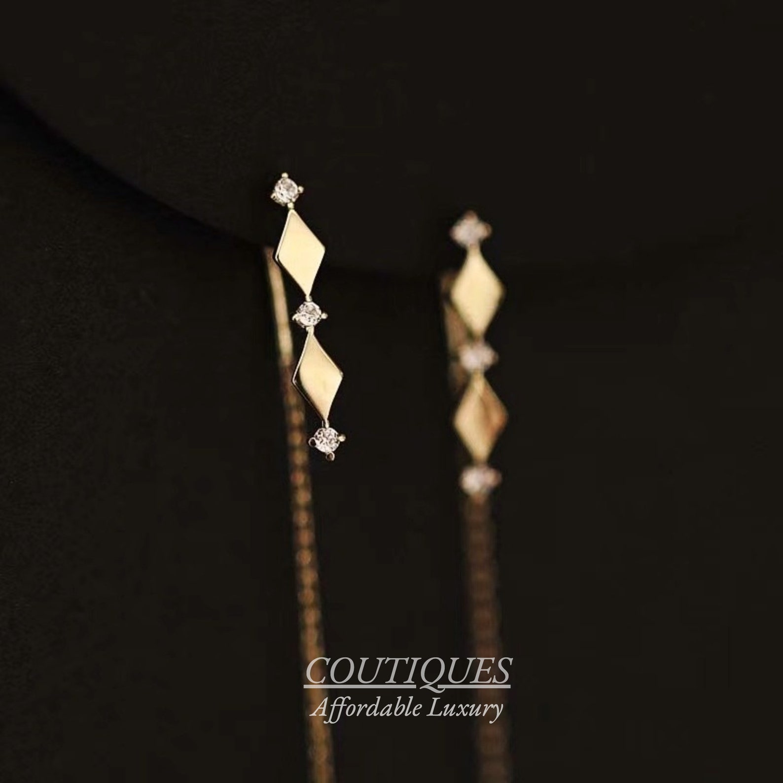 9K Solid Gold Dainty Threader Zirconia Earrings Real Gold | Etsy