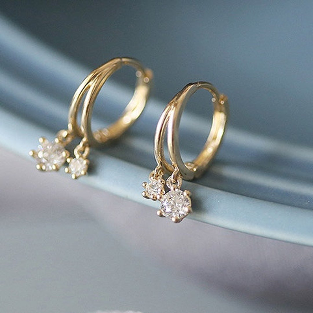 9K Solid Gold Small Hoop Dainty Mini Hoop Double CZ Earrings - Etsy