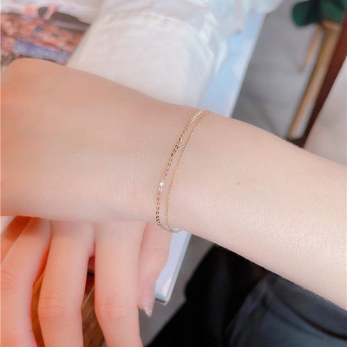 14K Solid Gold Dainty Double Layers Bracelet, Real Gold Delicate Stackable Bracelet, Summer Gold Vacation Bracelet, shops Minimalism Gold Chain