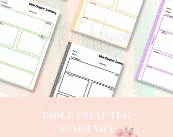 May include: A collection of Bible Chapter Summary sheets in various colors, including green, orange, and purple. Each sheet features sections for date, book, testament, chapter, key verses, chapter summary, key people, prayer, and notes. The bottom of the image displays the text "BIBLE CHAPTER SUMMARY" and a "SHOP NOW" button.