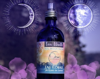 Moon Water (ou eau de lune) d'Eau Florale de roses de Damas ( 100% hydrolat pur) bouteille en verre bleu + spray