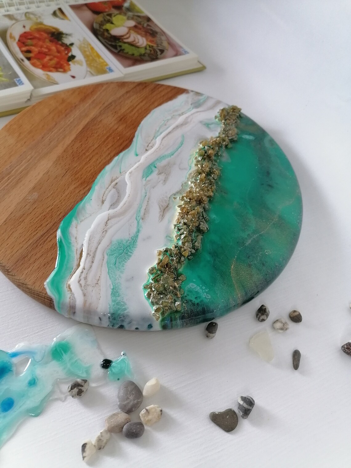 Green board made of wood and epoxy resin for serving Etsy