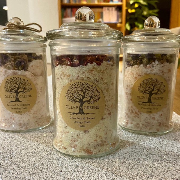 Aromatherapy Bath Salts, Vegan skincare, Self Care, Essential Oils, Himalayan Salt, Epsom Salt, Magnesium.  Olive & Greene