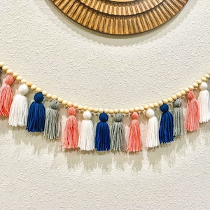 Peach, Navy Blue, Grey, White - Tassel Garland w/ Wood Bead - Multi Size - Dorm Decor - Kids Room - Baby Shower - Nursery - Boho - Crib