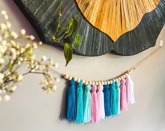 Unicorn Palette - White, Light Blue, Blue, Pink - Tassel Garland w/ Wood Bead - Multi Size - Dorm Decor - Kids Room - Baby Shower - Nursery