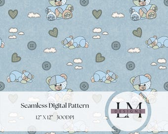 Patchwork Blue Teddy Bear Seamless Digital Pattern | Baby Nursery Design | 12x12” 300DPI Cute Bear Print