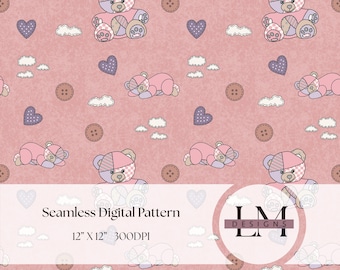 Modello digitale senza cuciture con orsetto rosa patchwork / Design per cameretta dei bambini / Stampa di un simpatico orsetto da 12x12" a 300 DPI