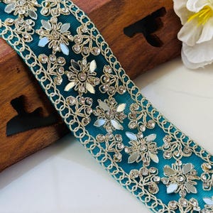 Embroidered Zardozi Saree Trim: Dark Blue Zircon Border, Mirror-Zircon Lace Border 1 Yard