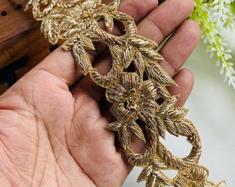 Zardozi Gold Lace Trim: Handcrafted Indian Embroidered Border, 2" Wide, 1 Yard