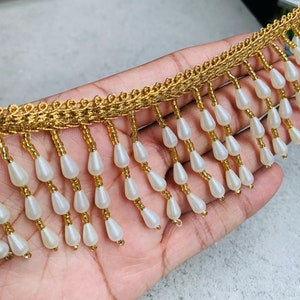 Beautiful White Suspended Tassel Trim, Indian Beaded Golden White Fringe Trim, Decoration, Lehenga Dupatta Border Lace, DIY Sewing, 1 Yard