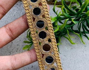 1 Yard Mirror, Antique Gold Trim, Indian Symmetric Zari Embroidered Zardozi Border Lace, Afghani dress craft for clothes, 2.5 CM Wide”