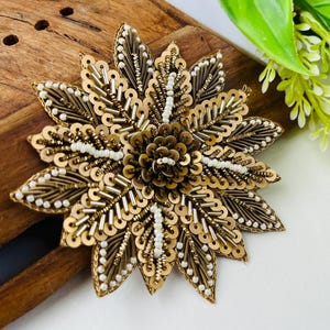 Antique Gold Floral Applique: Embroidered Indian Glass Bead Patch