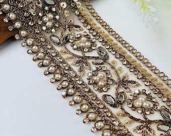 Luxury Antique Gold Trim Embroidery Trim – Pearl Beaded Border, 1 Yard