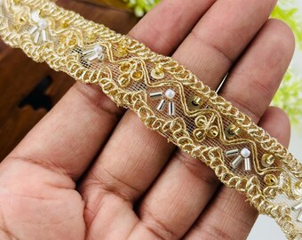 Gold Embroidery Beaded Scallop Border – 2 CM Ivory Beaded Lace 1 Yard