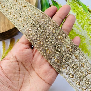 Luxury Gold Rhinestone Embellished Trim, Embroidery Craft Ribbon, 1 Yard , rhinestone trim, gold sari border, bridal dress trim, indian lace ribbon, zari embroidery trim, costume sewing trim, bridal lace border, designer saree lace, gold wedding trim, embroidered trim, rhinestone border, craft embellish trim, sewing supplies