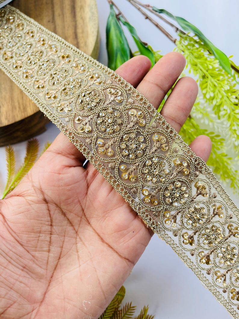 Luxury Gold Rhinestone Embellished Trim, Embroidery Craft Ribbon, 1 Yard , rhinestone trim, gold sari border, bridal dress trim, indian lace ribbon, zari embroidery trim, costume sewing trim, bridal lace border, designer saree lace, gold wedding trim, embroidered trim, rhinestone border, craft embellish trim, sewing supplies