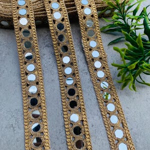 Handcrafted Gold Mirror Lace Trim | Designer Cutwork Border(1 Inch Wide), 1 Yard , Mirror lace fabric, wedding dress trim, Jewelry Accessories, Choker Band, DIY bracelets, Gold zari border, decorative trim, embroidery border, antique lace, lace applique, trim by the yard, vintage lace trim, indian trim