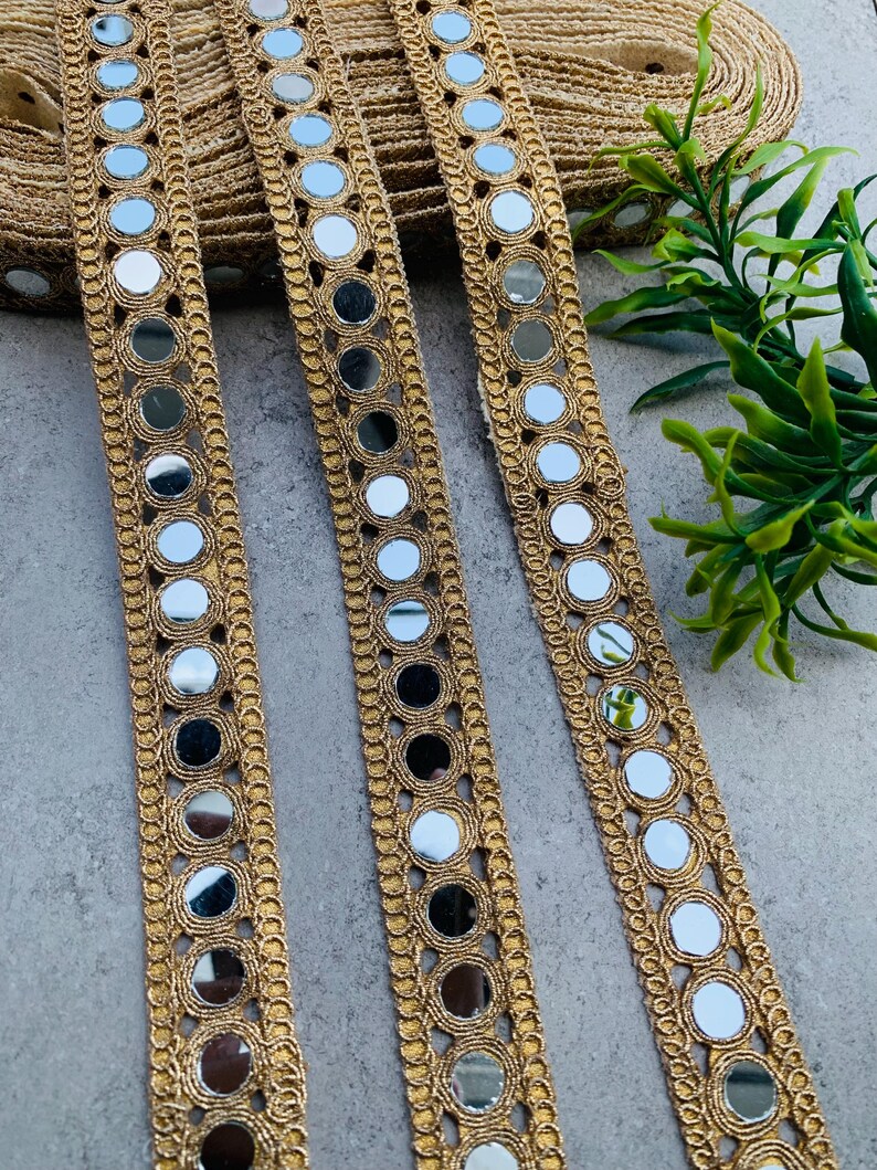 Handcrafted Gold Mirror Lace Trim | Designer Cutwork Border(1 Inch Wide), 1 Yard , Mirror lace fabric, wedding dress trim, Jewelry Accessories, Choker Band, DIY bracelets, Gold zari border, decorative trim, embroidery border, antique lace, lace applique, trim by the yard, vintage lace trim, indian trim