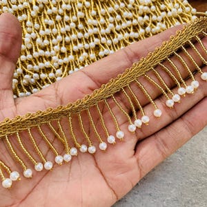 Gold Beaded Tassel Trim: Mini Cutdana Pearl Indian Lace
