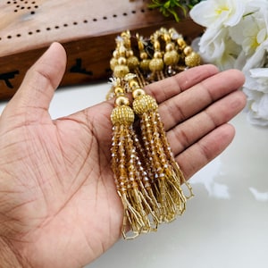 1 Pair Champagne Gold Crystal Cutdana & Pearl Multi String Hanging Tassel Latkan, Beaded Indian Bridal Handbags, Saree , Sari Waist Belt